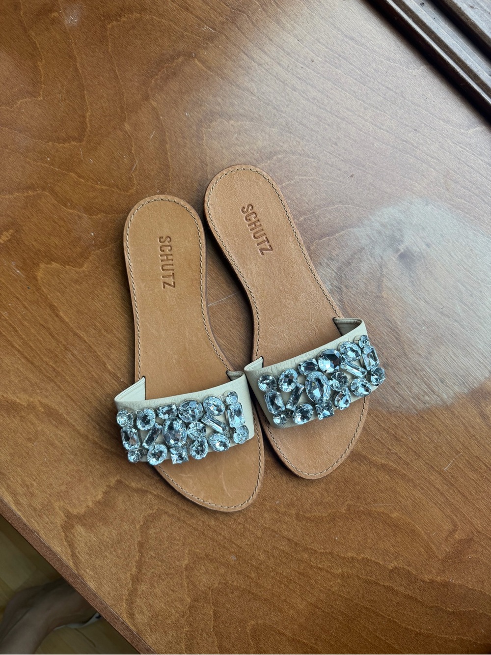 SCHUTZ Ivory Jeweled Slide Sandals